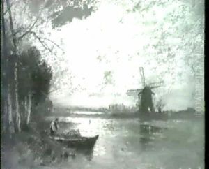 Fischer Bei Abendlichem Fischfang Am Fluss, Rechts Am Ufer Eine Windmuhle by Louis, Carl Ludwig Douzette