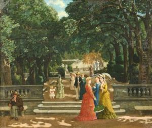 Figures Strolling On A Terrace Overlooking Gardens by Henri Douzil