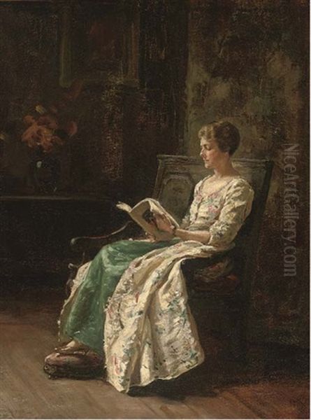 Portrait Of Helen Frances Goodwin, Seated Full-length, In A White Flowered Robe With Green Skirt, Reading - view 1