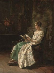 Portrait Of Helen Frances Goodwin, Seated Full-length, In A White Flowered Robe With Green Skirt, Reading