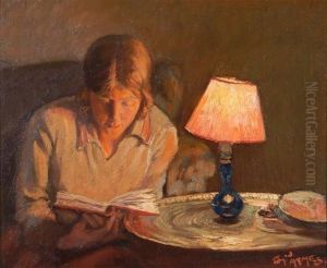 Young Girl Seated In A Chair Reading By Table Lamp by Thomas W., Tom Armes