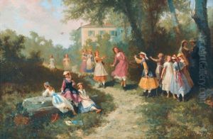 Spielende Junge Madchen Im Freien by Auguste (Viande) Doviane