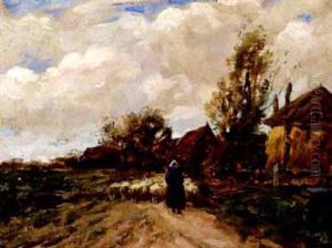 Shepherdess And Her Flock Returning Home by John Patrick Downie