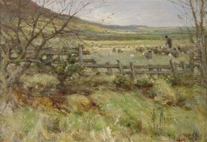 Fruhlingstag Im Schottischen Hochmoor Mit Einem Schafer Und Seiner Herde by Patrick Downie