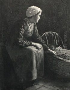 Interior Scene Of A Mother And Infant Child In A Cradle by Patrick Downie