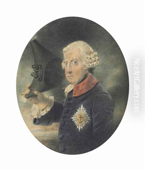 Portrait Of King Frederick The Great Of Prussia (1712-1786), Half-length, Wearing A Blue Coat And The Order Of The Schwarzen Adler, And Holding His Tricorn Hat, An Encampment Beyond - view 1