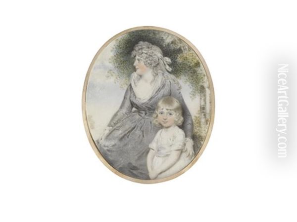 A Mother And Child Standing Before A Landscape: The Former, Wearing Grey Dress Over White Chemise, Her Curled And Powdered Hair Secured With A White Bandeau; The Latter - view 1