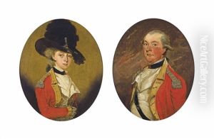 Portrait Of A Lady, Probably Mrs. Jane Handley (d.1809), Half-length, In Infantry Uniform And A Black Plumed Hat (+ Portrait Of A Gentleman, Probably Mr. William Handley, Half-length, In Infantry Uniform; Pair) by John Downman
