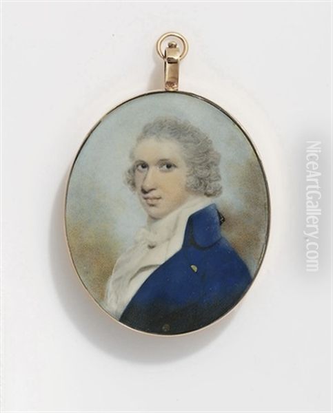 A Young Gentleman, In Dark Blue Jacket, White Waistcoat, White Frilled Muslin Shirt And Bowed Cravat, Powdered Curling Wig With Black Silk Bag - view 1
