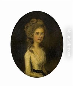 Portrait Of A Blond Lady, Half-length, In A White Dress Seated (+ Portrait Of A Brunette Lady, Half-length, In A White Dress, Seated, Smllr ; Pair) by John Downman