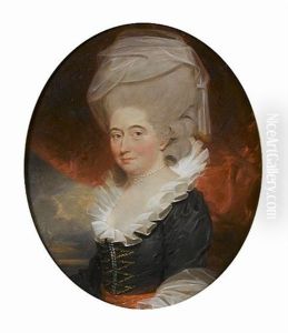 Portrait Of A Lady, In A Black Dress With A Red And Gold Sash And White Collar, Seated Before A Red Curtain, A View To A Landscape Beyond by John Downman