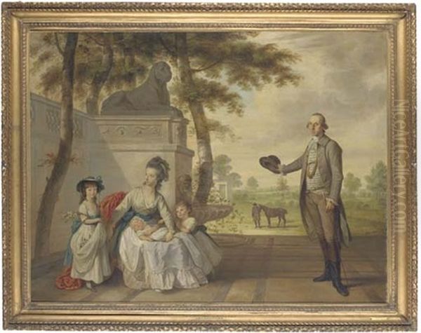 Portrait Of Benjamin Cole And His Family In A Garden, A Groom Holding A Bay Horse In The Background - view 1