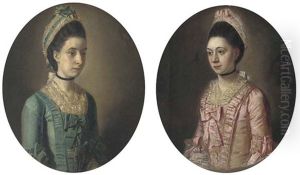 Portrait Of A Lady, Small Half-length, In A Pink Dress (+ Portrait Of A Lady, Small Half-length, In A Blue Dress, In A Painted Oval; Pair) by John Downman