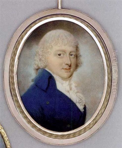 A Young Gentleman, In Blue Coat With Silver Buttons, White Waistcoat And Frilled Cravat, Powdered Curling Hair En Queue - view 1