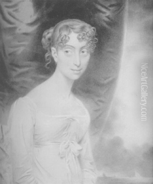 An Attractive Portrait Of A Young Lady, Seated Before An Orange Silk Drape, In A Low-cut White Dress - view 1