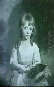 Portrait Of A Young Girl Standing Three-quarter Length      Wearing A Cream Dress With Blue Sash And Holding A Bonnet...