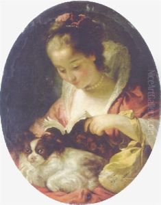 "la Lecture": A Young Woman Reading With A Dog On Her Knees by Gabriel Francois Doyen