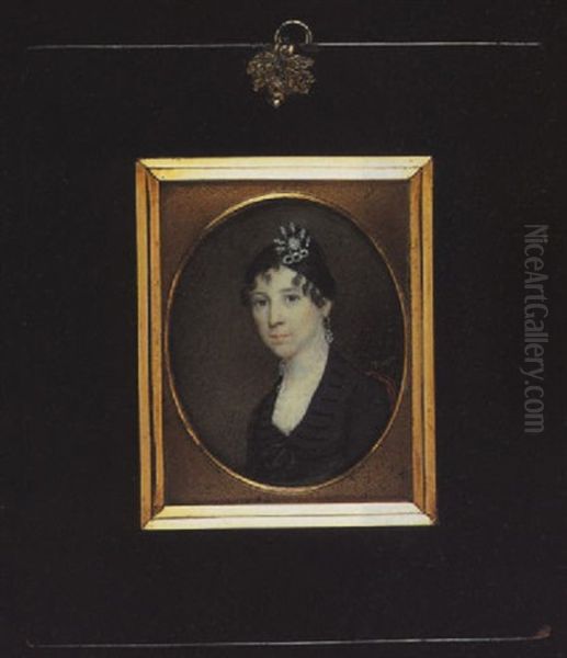 Mrs. Bray Of Boston Wearing Decollete Black Dress, With White Lace Collar And A Bow At Her Corsage, Drop Earring And Jewelled Comb In Her Hair - view 1