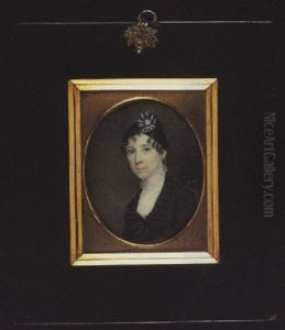 Mrs. Bray Of Boston Wearing Decollete Black Dress, With White Lace Collar And A Bow At Her Corsage, Drop Earring And Jewelled Comb In Her Hair