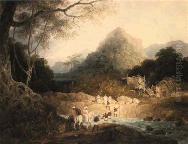 Mounted Horsemen And Bearers Crossing A Stream, India - view 1