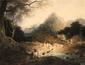 Mounted Horsemen And Bearers Crossing A Stream, India by Charles D'Oyly
