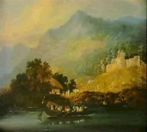 Hilly Landscape With Figures In A Boat On The River Ganges