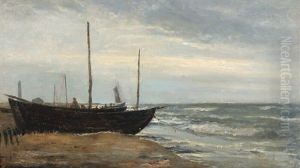 Fishing Boats On The Beach At Skagen, In The Background "det Gra Fyr" by Holger Drachmann