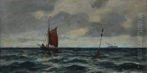 Clouds Over A Steamer And A Sailboat With Red Sails