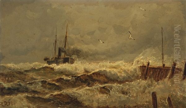 Seascape With Steam Boat In Rough Seas - view 1