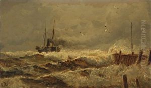 Seascape With Steam Boat In Rough Seas by Holger Drachmann