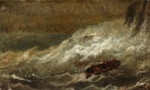 A Rowing Boat In Rough Seas Off A Rocky Coast - view 1