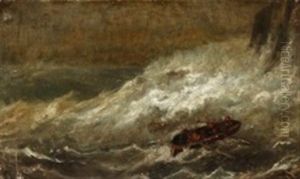 A Rowing Boat In Rough Seas Off A Rocky Coast by Holger Drachmann