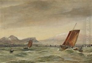 A Seascape With Two Sailing Ships Near A Rocky Coast by Holger Drachmann