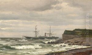 Dampfschiff Und Segelschiff Vor Kuste Bei Sturm by Holger Drachmann