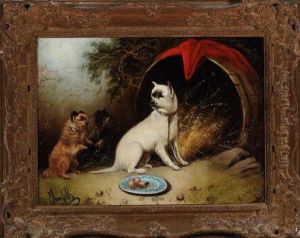 Three Dogs By An Upturned Barrel