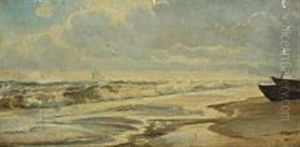 Coastal Scenery From Skagen With Breaking Waves, Ships On The Beach And Flying Seagulls