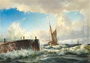 A Sailing Boat Is Passing The Harbour Pier In Rough Sea by Holger Drachmann