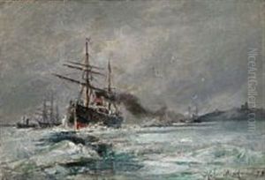 Seascape With Sailing Ships On Icy Sea by Holger Drachmann