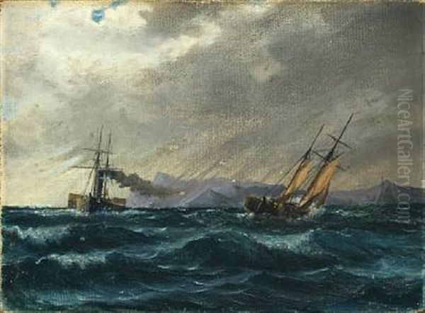 Vessels In Stormy Weather Along Rocky Coast - view 1