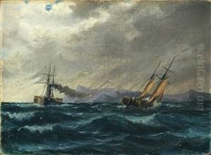 Vessels In Stormy Weather Along Rocky Coast by Holger Drachmann