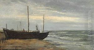 Fishing Boats On The Beach At Skagen, In The Background Det Gra Fyr (the Grey Lighthouse) by Holger Drachmann