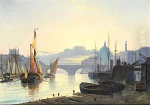 Ships On River Thames, In The Background St. Paul's Cathedral, London by Holger Drachmann
