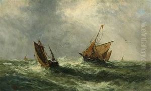 Seascape With Sailing Ships In Rough Sea by Holger Drachmann