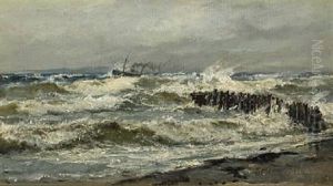 Costal Scenery With Steamer by Holger Drachmann
