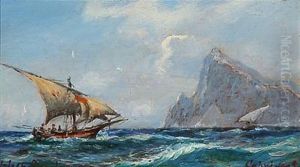 Sailing Ships Out Shore A Rocky Coastline, Capri by Holger Drachmann