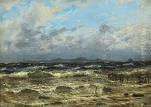Coastal Scenery With Ships At Sea In Fresh Weather by Holger Drachmann
