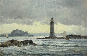 Sailing Ships By A Lighthouse, In The Background A Castle by Holger Drachmann