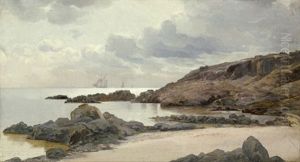 Ansicht Der Felskuste Von Bornholm, Im Hintergrund Segelschiffe by Holger Drachmann