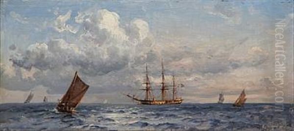 Fregatten Sjaelland. Set Fra Skraenten Ved Folehave Skov En Sommer Eftermiddag 1881 - view 1