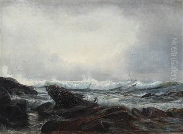 Coastal Scene With Schooner Capsizing In The Stormy Sea - view 1